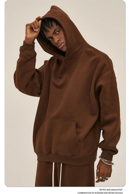 Thick 350gsm Fleece Hooded Hoodies For Men Unisex Winter Oversized Loose Basic Solid Sweatshirts Pullovers Coats HY0631
