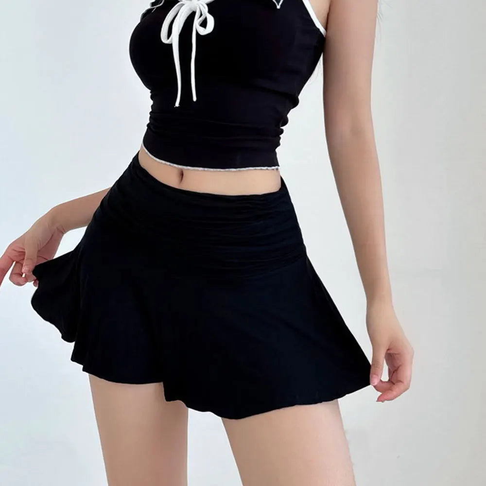 Sweet Pleated Super Mini Skirt Fashion Versatile Black Low-Waisted Skirts Tennis Dance Fitness Short Skirts Women Summer Skirts