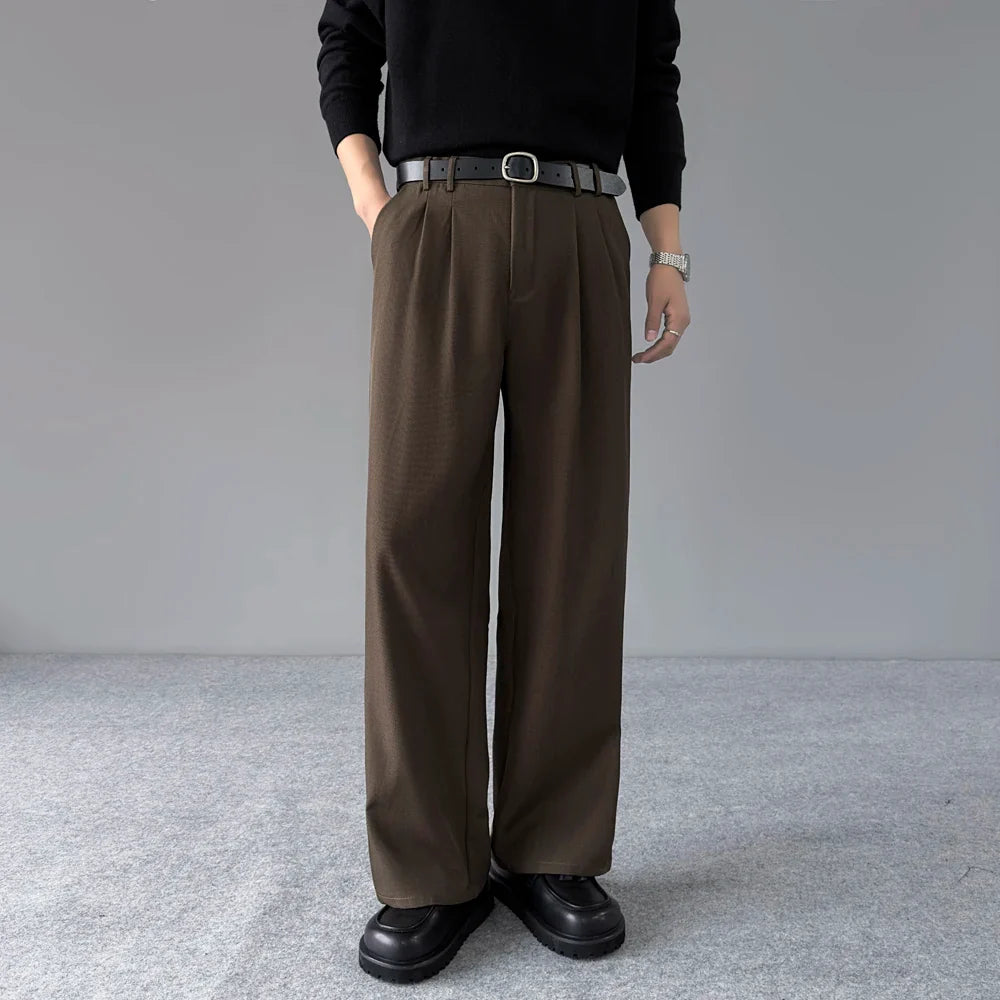 Spring New Loose Straight Pants Men Elastic Waist Double Pleats Wide Legs Casual Drape Fashionable Anti-wrinkle Trousers