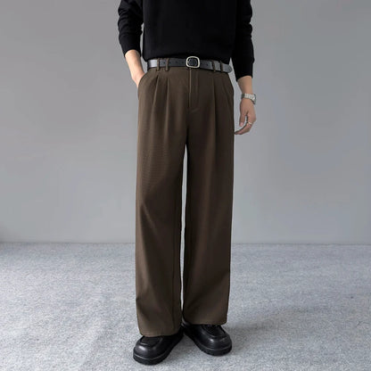 Spring New Loose Straight Pants Men Elastic Waist Double Pleats Wide Legs Casual Drape Fashionable Anti-wrinkle Trousers
