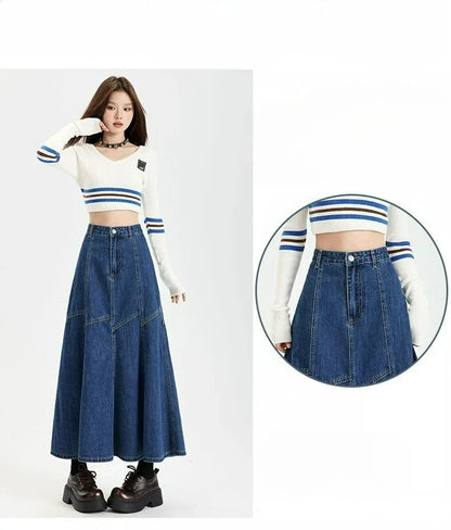 Women Blue A-line Denim Skirt Vintage Aesthetic Y2k Patchwork New Jean Skirt Harajuku Korean Cowboy Skirts 2000s Clothes Summer