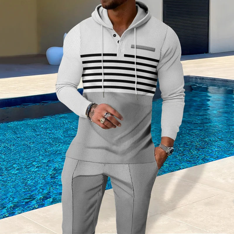 New Men's Waffle Casual Set Outdoor Four Seasons Versatile Trendy Stripe Color blocked Hoodie, Casual Pants Two Piece Set