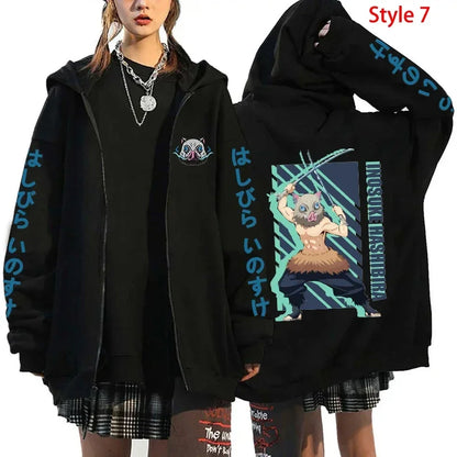 Hot Anime Hashibira Inosuke Printing Zipper Hoodies Women Men Fashion Y2k Personality Zipper Long Sleeve Hooded Sweatshirt Tops