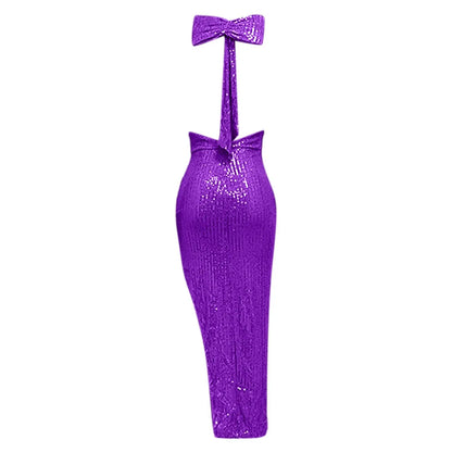 Women's Sequined Long Party Dresses Fashion Solid Color Hanging Neck Round Neck Bow Sleeveless Slit Long Dress Evening Dresses