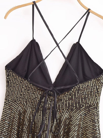 2025 Women Chic Deep V Neck Sequined Design Sling Camis Tank Lady Backless Cross Sexy Shirt Blouse Tops LS7381