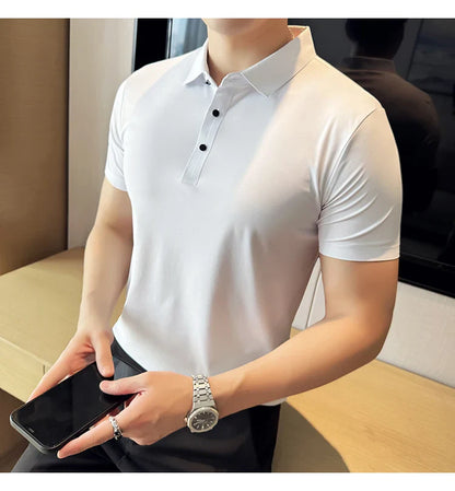 Ice Silk High Elastic Seamless T-shirt ,Summer Thin Polo Shirt, Solid Color Polo Collar Short Sleeve Brown Top, Business Leisure