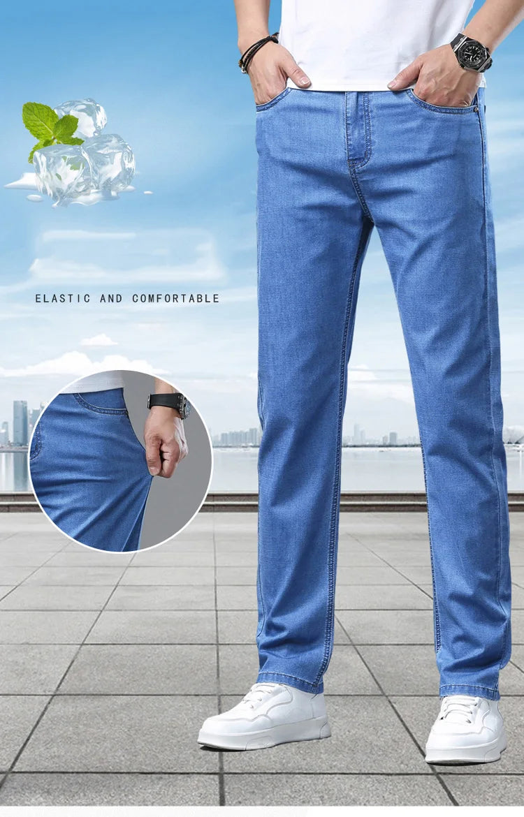 2025 Spring Summer Thin Classic Men's Business Jeans Stretch Trousers Casual Straight Denim Pants  Brand Male Clothing 28-40