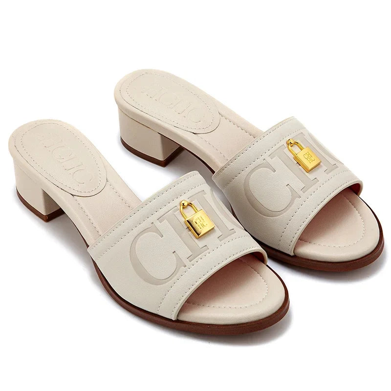 Fashion Monogram Print Elegant Design Women's Low Heeled Slippers Solid Color High Quality Metal Lock Simple Single Shoes