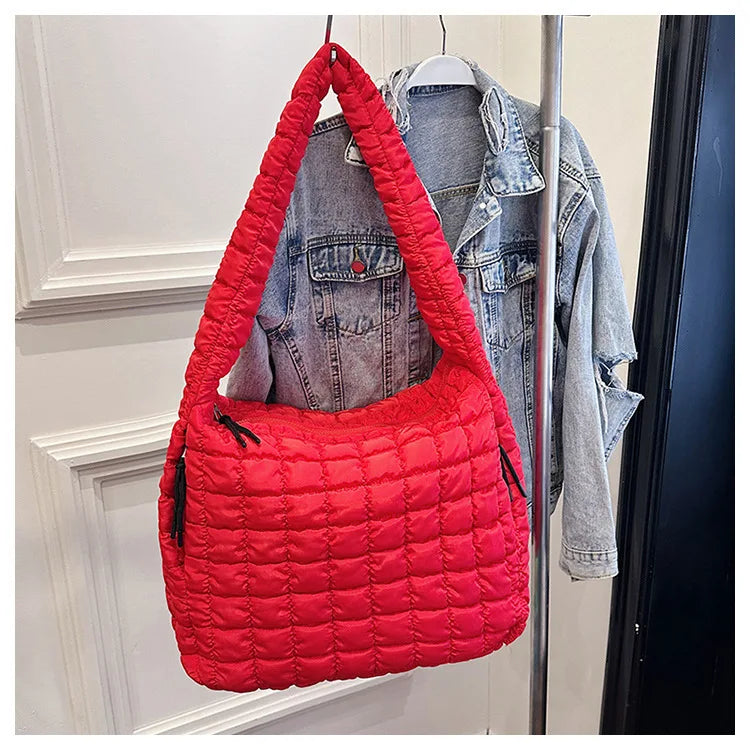 Casual Ruched Hobos Women Shoulder Bags Quilted Padded Crossbody Bag Large Capacity Nylon Puffer Tote Bag Big Shopper Purses