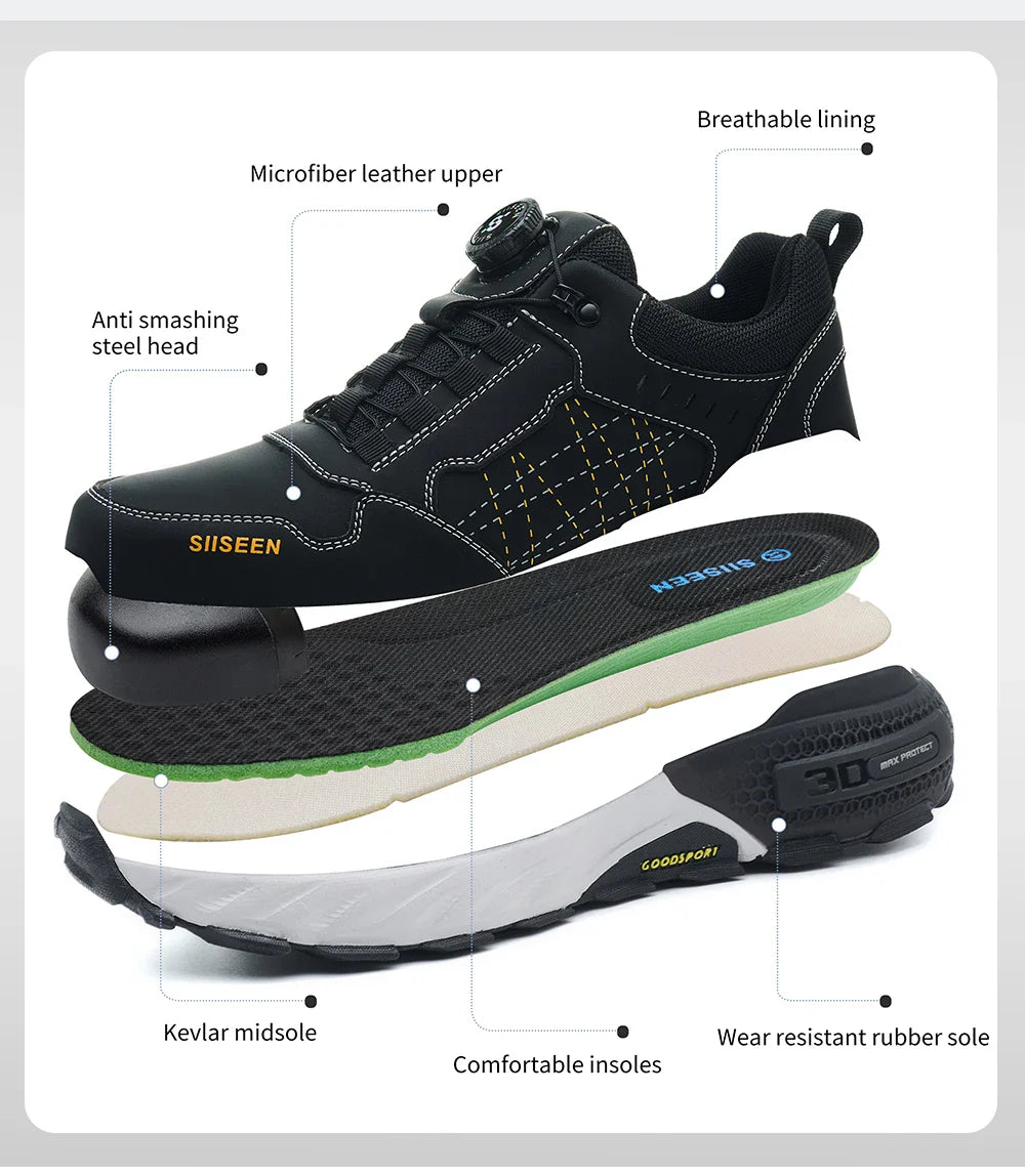 Men's safety shoes with anti - impact steel toes, puncture - resistant Kevlar, and rubber anti - slip soles for industrial work.
