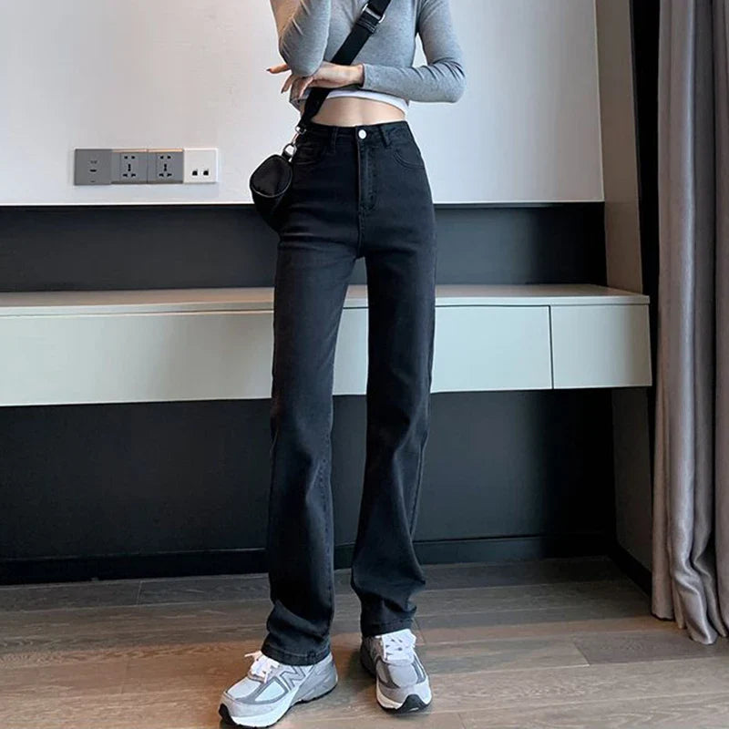 Women Straight Leg Elastic Jeans Pants Lady Comfortable High Waisted Denim Pants Girls Classic Designer Jeans Trousers