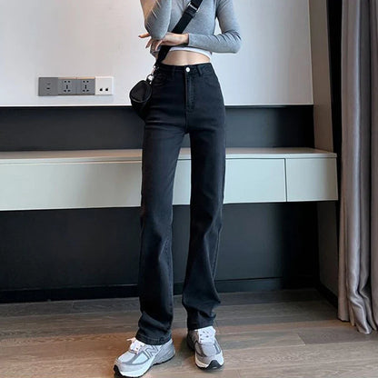 Women Straight Leg Elastic Jeans Pants Lady Comfortable High Waisted Denim Pants Girls Classic Designer Jeans Trousers