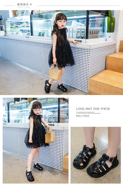 Children Hollow Out Shoes Boys Girls Roman Shoes British Style Non-slip Fashion Kids Toes Capped Shoes Peep Toe Solid Color