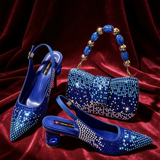 New Itlian Design Blue Color Rhinestone High Heel Shoe And Bag Fashion Style Pointed-Toe Shoes For COMFORT INCLUDED Women Shoes