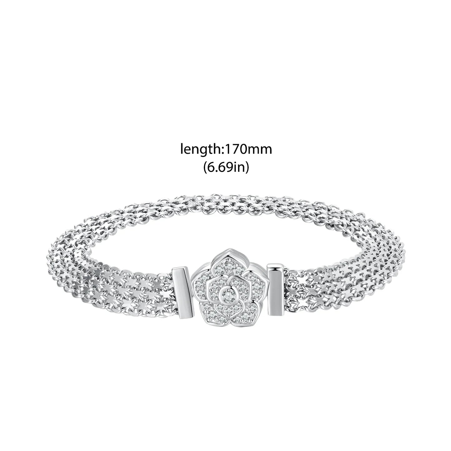 Original 925 Sterling Silver Rose Basic Bracelet Flat Chain Bangle Sparkling Zirconia Flower Charm for Women Birthday Gift