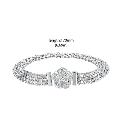 Original 925 Sterling Silver Rose Basic Bracelet Flat Chain Bangle Sparkling Zirconia Flower Charm for Women Birthday Gift