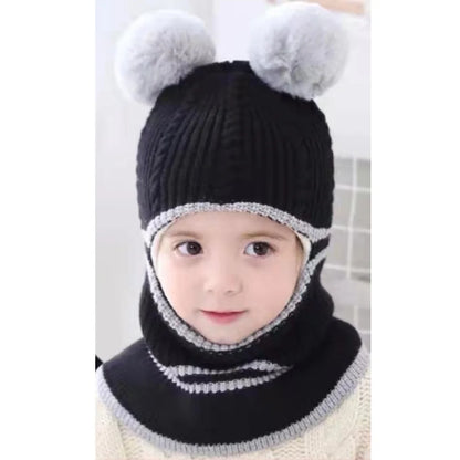 2-4year kid's knitted hat winter warm woolen hat  mask scarf one-piece