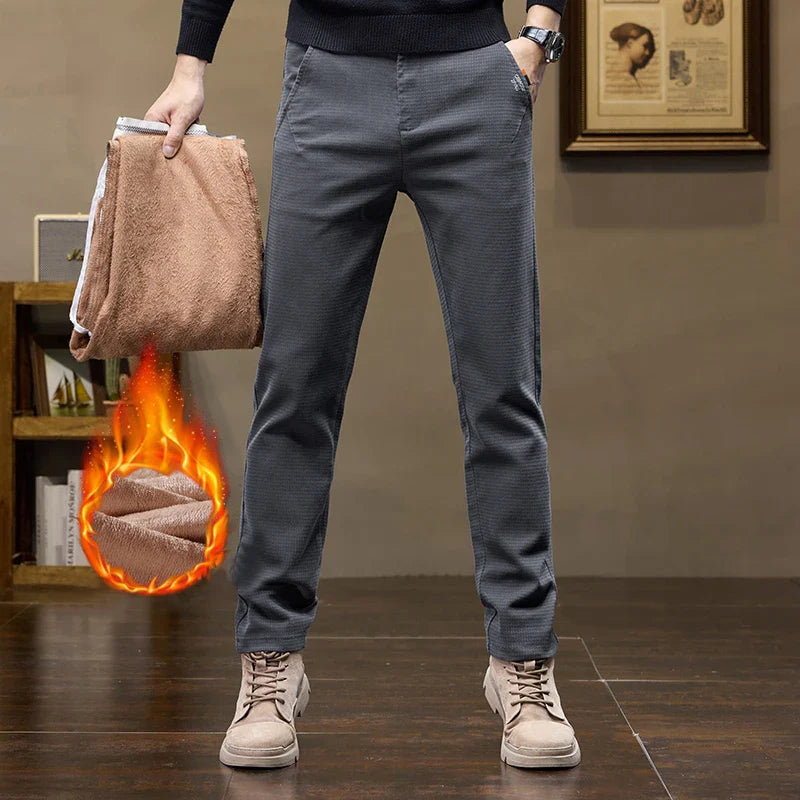 Winter Thicken Men's Solid Slim Straight Casual Pants Business Classic Fleece Trousers Male Warm Plaid Elasticity Pants