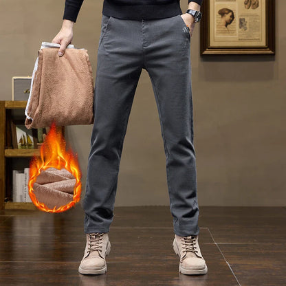 Winter Thicken Men's Solid Slim Straight Casual Pants Business Classic Fleece Trousers Male Warm Plaid Elasticity Pants