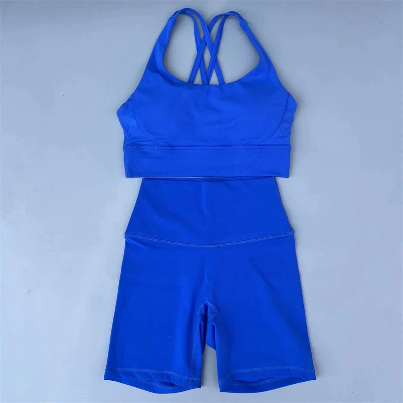 Solid Color soft gym Yoga Set short Legging +cross sport bra Tracksuit  Women Gym Suit Comprehensive Training Jogging Athletic