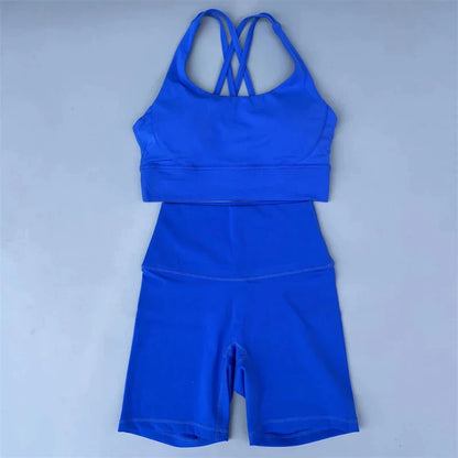 Solid Color soft gym Yoga Set short Legging +cross sport bra Tracksuit  Women Gym Suit Comprehensive Training Jogging Athletic