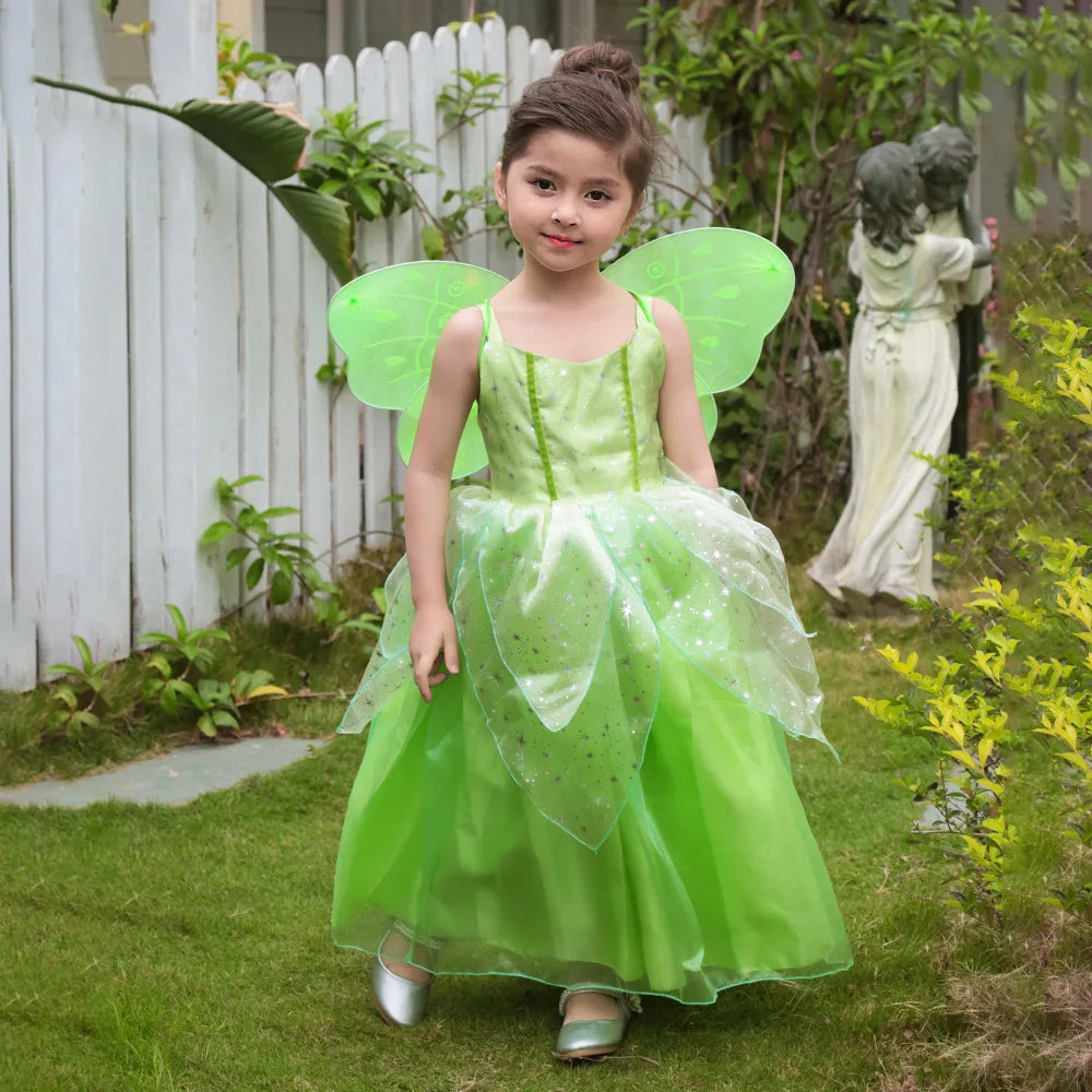 Girls Cosplay Green Fairy Tinker bell Dress Kids Princess Flower Fairy Wings Costume Party Tinkerbell Tinker Bell Dresses