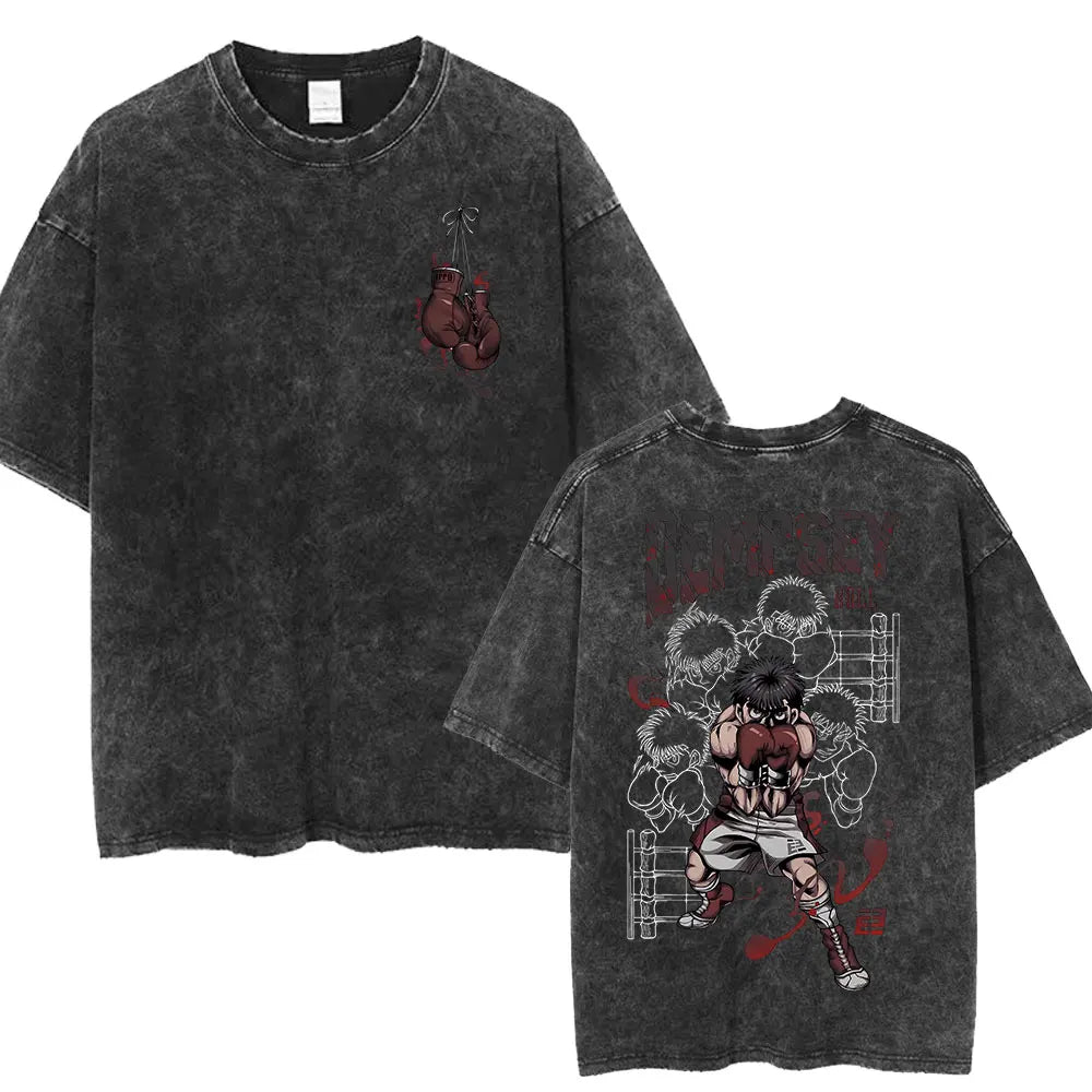 Anime Hajime No Ippo Washed Vintage T-shirt Kamogawa Boxing Gym Harajuku T-shirts Makunouchi Takamura KGB Loose Cotton T Shirt