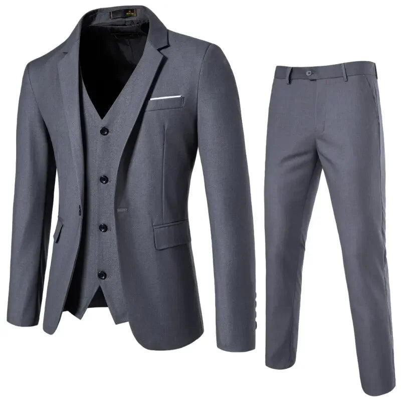 Suit Men's (Blazer+ Vest + Trousers) Fashionable Business Solid-color Wedding British-style Workwear, Casual Performance Suit