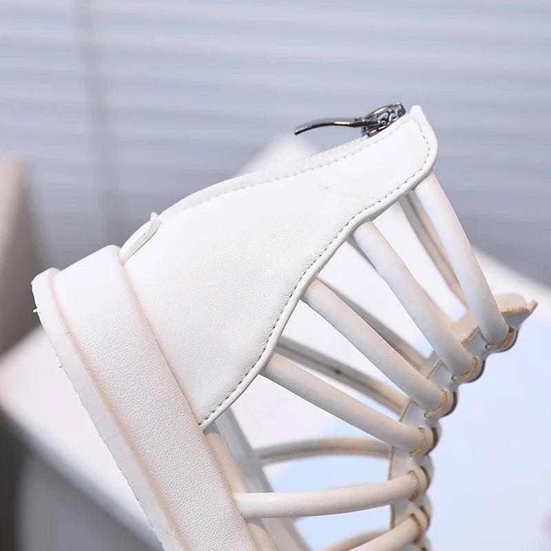 Girl's Sandals Gladiator Style Hollow-out Ankle-high Chunky Kids Summer Shoes White Black Zipper Chic Children Sliders 21-36
