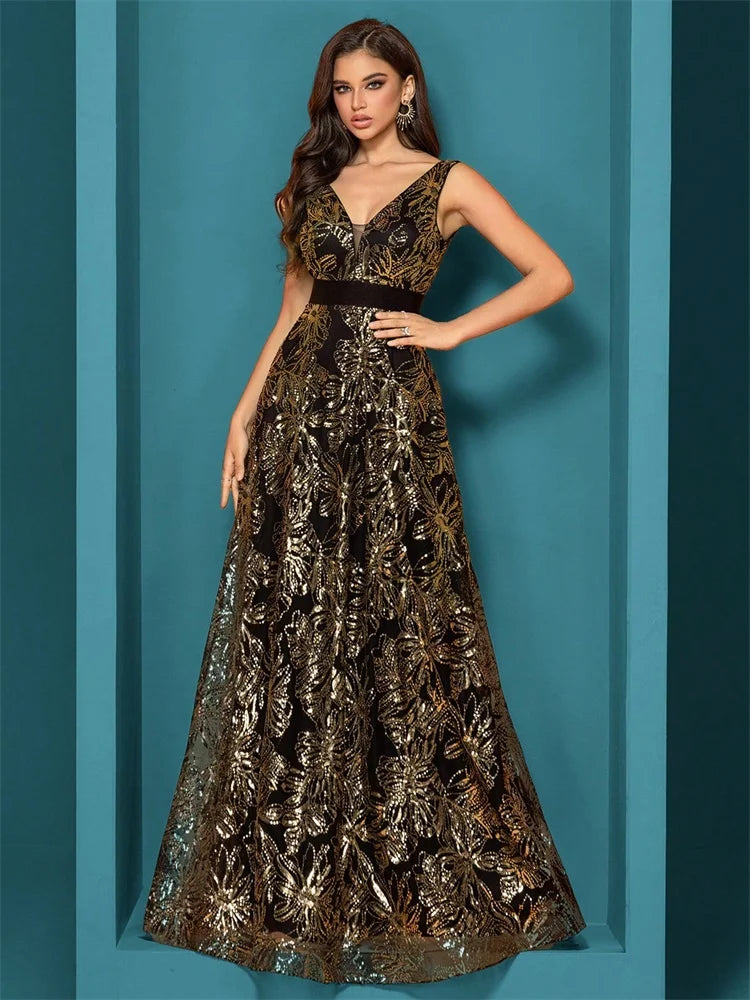Luxury Sexy Deep V-Neck Sequins Blue Evening Dresses Women Elegant V-back Wedding Party Long Prom Cocktail Dress