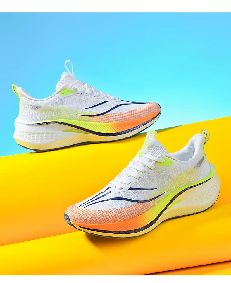 Sapatos de corrida esportivos casuais masculinos e femininos de moda com superfície de malha respirável, suporte de placa de carbono e sola de borracha resistente ao desgaste