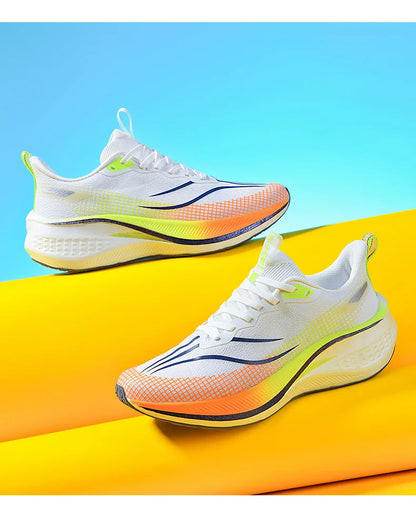 Sapatos de corrida esportivos casuais masculinos e femininos de moda com superfície de malha respirável, suporte de placa de carbono e sola de borracha resistente ao desgaste
