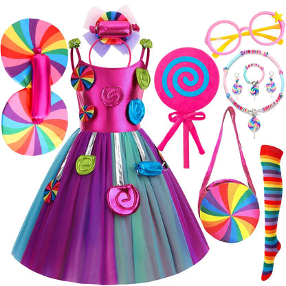 2026 New Candy Dress For Baby Girl Purim Carnival Birthday Costume Fancy Rainbow Short Sleeve Cute Dress + Accessories Set