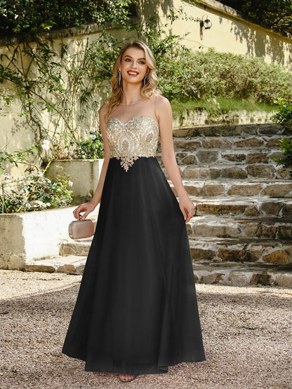 Elegant Sweetheart Prom Dress with Gold Embroidered Bodice & Flowing Chiffon Skirt for Homecoming & Formal Events