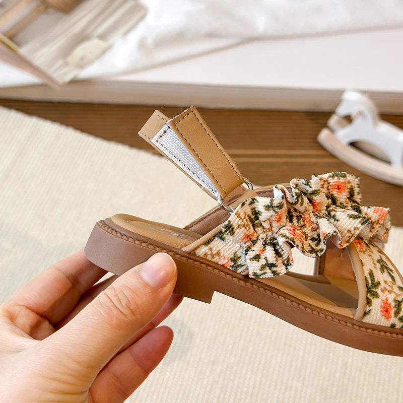 Summer Girl's Sandals Open Toe Flower Hook-loop Chic Kid's Flat Shoe Solid Colors Light Comfy Casual Daily Children Shoes 23-33