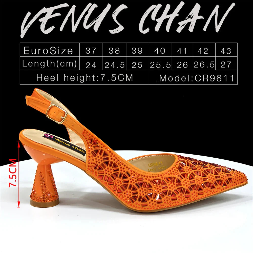 Elegant Champagne Color Pointed-Toe Italian Women's High-Heeled Shoe and Bag Set with Full Diamond Design for Parties