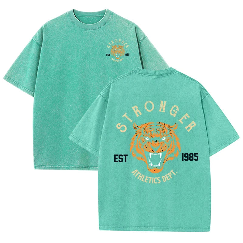 Stronger Tiger Sport Print Wash T Shirt Woman Summer Comfortable Washed Tee Casual Shortwear Soft Cotton Unisex Clothes