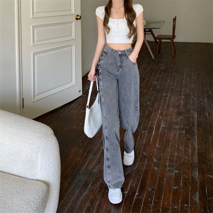 Women Vintage High Waist Straight Denim Pants