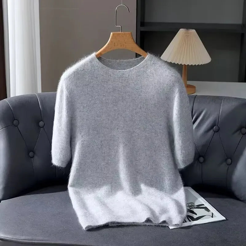 Men's Sweater Pullover Short Sleeved Summer Mink Knit Sweater Loose Round Neck Solid Color Half Sleeved Simple T-Shirt Casualtop