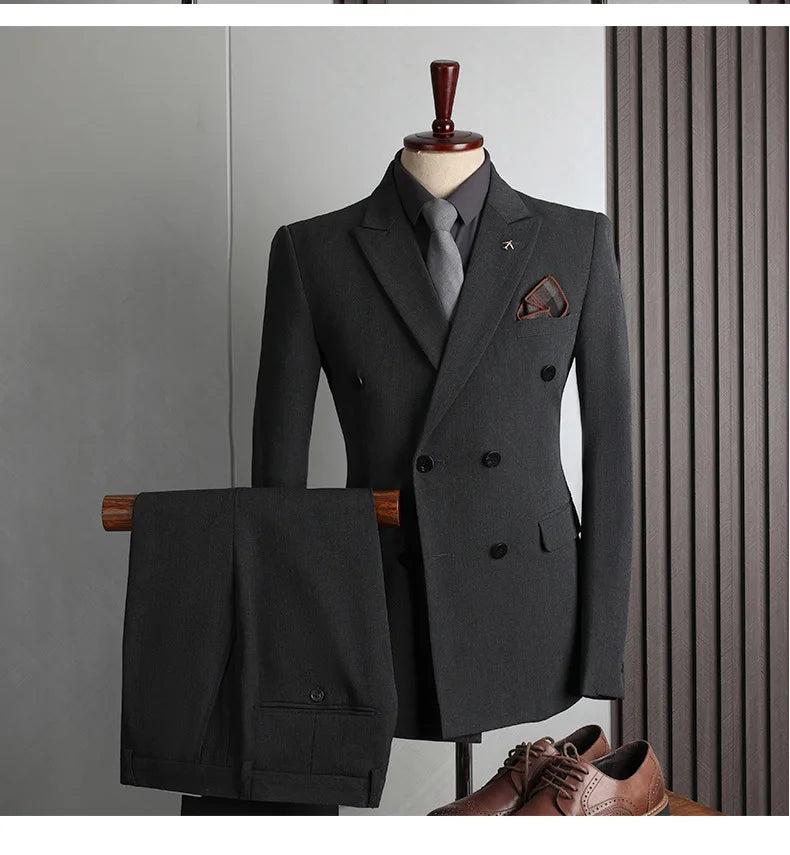 Man Suit Outfit Double-breasted Blazer Men V-neck Vest Straight-leg Pant Male Slim Business Wedding Three-piece Set
