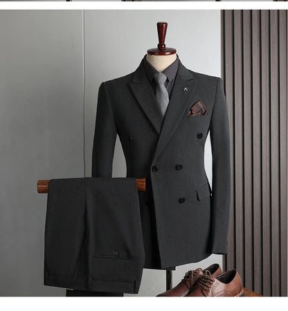 Man Suit Outfit Double-breasted Blazer Men V-neck Vest Straight-leg Pant Male Slim Business Wedding Three-piece Set