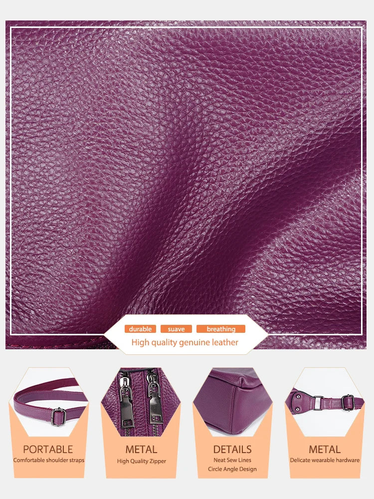 Elegant Genuine Leather Women's Shoulder Bag Trendy Crossbody Messenger Bag for Ladies Dark Red Blue 100% Satchels Hobo