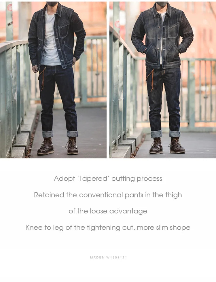 Vintage 14oz Selvedge Raw Denim Jeans Horsehair Leather Patch Straight Fit Jeans Men's Spring and fall Paris Buckle Pants