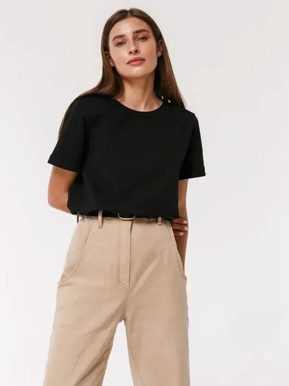 Summer 100% Cotton Women's T-shirt Bottoming Basic Fashionable Solid Lady Short Sleeve Loose Tops Shirts 230g/㎡ Tops