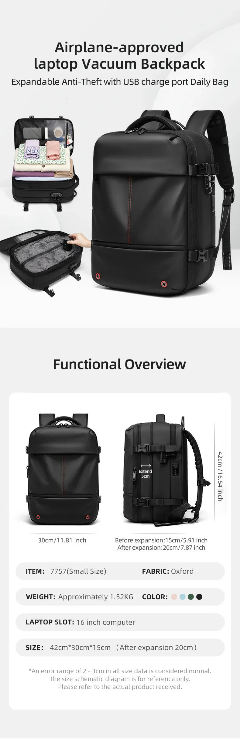 Travel casual Backpack 16 inch vacuum compression Laptop Backpack USB charging school Backpack Extended Hiking Business backpack