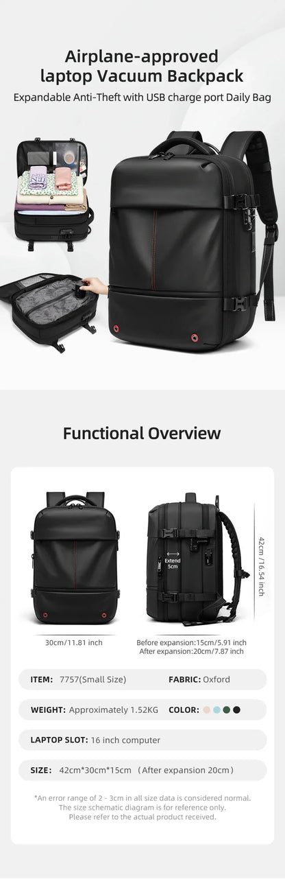 Travel casual Backpack 16 inch vacuum compression Laptop Backpack USB charging school Backpack Extended Hiking Business backpack