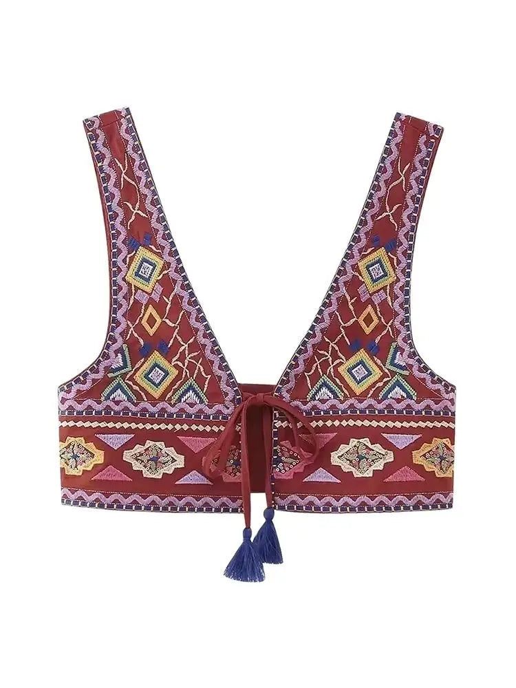 Women Fashion With Tie Tassel Embroidered Crop Tank Tops Sexy V Neck Wide Straps Female Waistcoat Chic Vest Tops