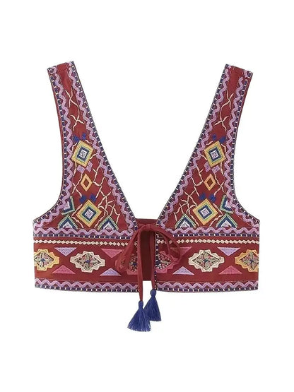 Women Fashion With Tie Tassel Embroidered Crop Tank Tops Sexy V Neck Wide Straps Female Waistcoat Chic Vest Tops