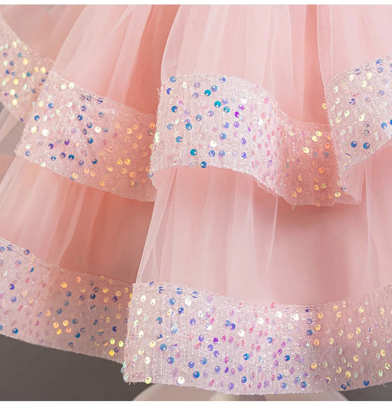 Girl's New Sequined Bow Irregular Collar Mesh Princess Dress Christmas Birthday Party Sweet and Cute Evening Dress