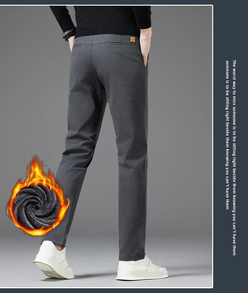 Winter Thickened Men's Velvet Casual Pants Fleece Warm Fashion Solid Color Straight Elastic Male Business Plush Pants
